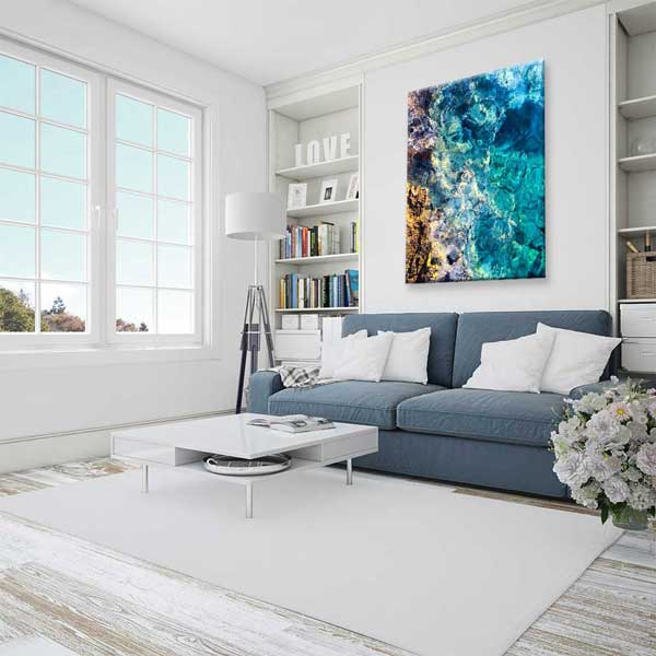 Kayalık Kıyıda Turkuaz Su Dokusu Soyut Deniz Temalı Duvar Tablosu 4587