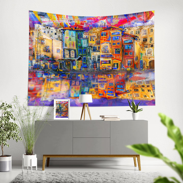 Renkli Şehir Evleri Manzaralı Sanatsal Duvar Örtüsü Kumaş Baskı 5608