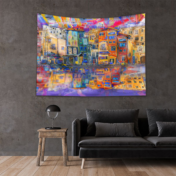Renkli Şehir Evleri Manzaralı Sanatsal Duvar Örtüsü Kumaş Baskı 5608