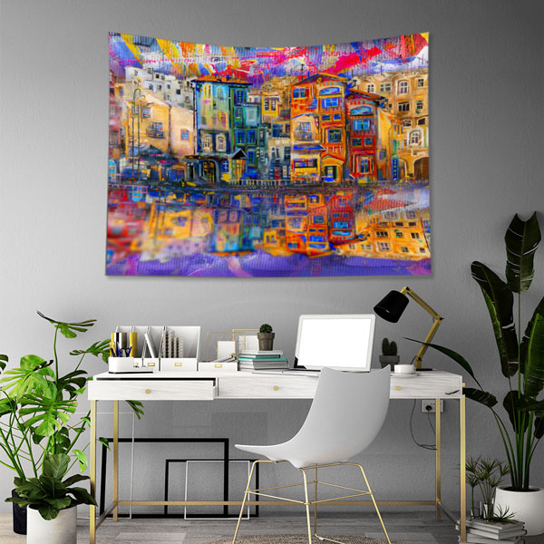 Renkli Şehir Evleri Manzaralı Sanatsal Duvar Örtüsü Kumaş Baskı 5608