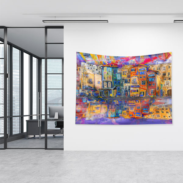 Renkli Şehir Evleri Manzaralı Sanatsal Duvar Örtüsü Kumaş Baskı 5608