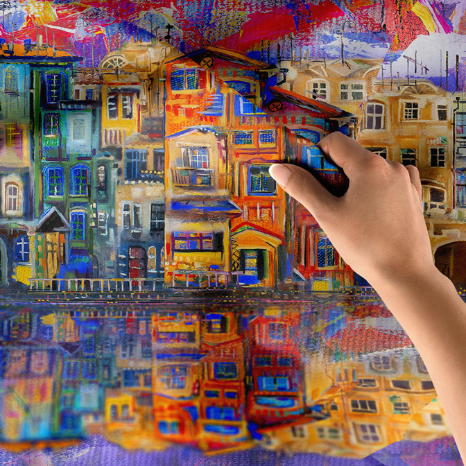 Renkli Şehir Evleri Manzaralı Sanatsal Duvar Örtüsü Kumaş Baskı 5608