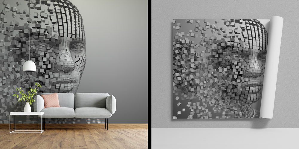 duvar-sanat-tasarim-5485-00 3D Kübik Yüz Desenli Gri Endüstriyel Duvar Kağıdı 5485