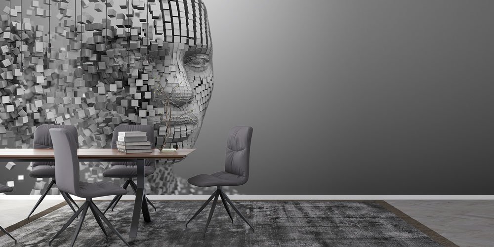 3D Kübik Yüz Desenli Gri Endüstriyel Duvar Kağıdı 5485