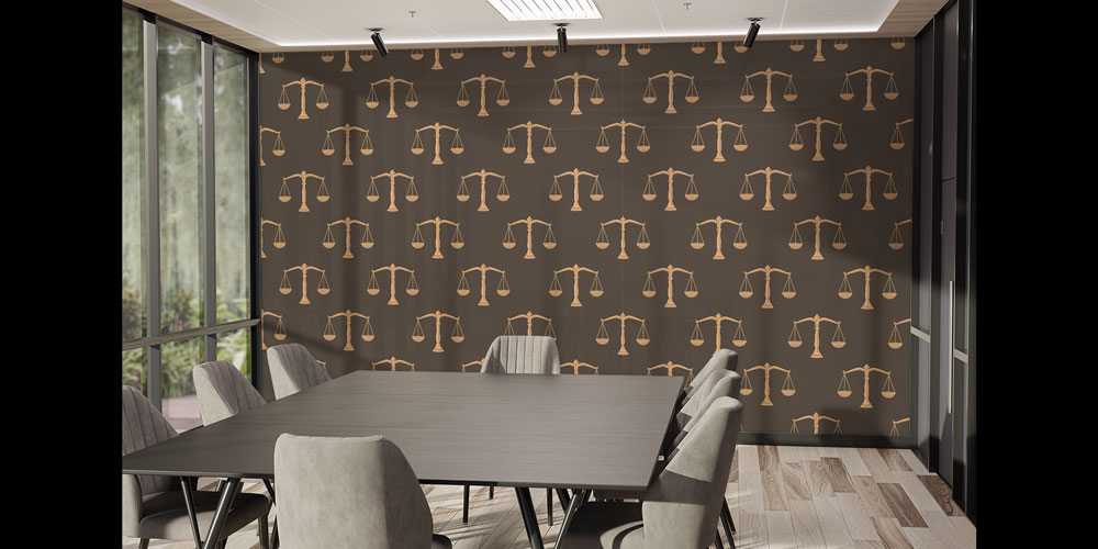 duvar-sanati-5294-02 Kahverengi Zemin Üzerinde Adalet Terazisi Desenli Hukuk Duvar Kağıdı 5294