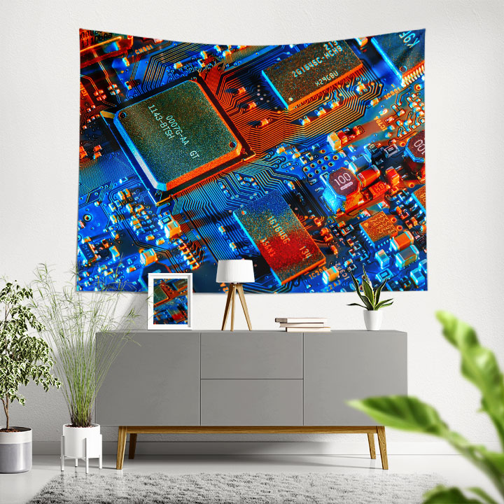 Mavi Turuncu Devre Kartı Tasarımlı Teknoloji Duvar Örtüsü 5409