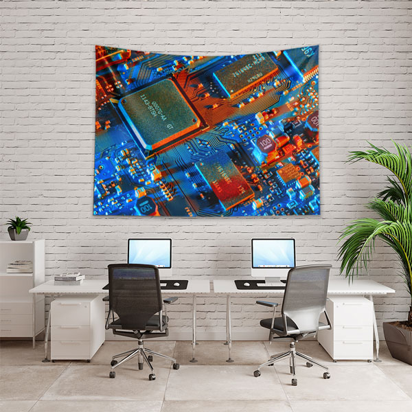 Mavi Turuncu Devre Kartı Tasarımlı Teknoloji Duvar Örtüsü 5409