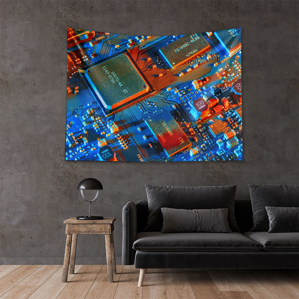 Mavi Turuncu Devre Kartı Tasarımlı Teknoloji Duvar Örtüsü 5409