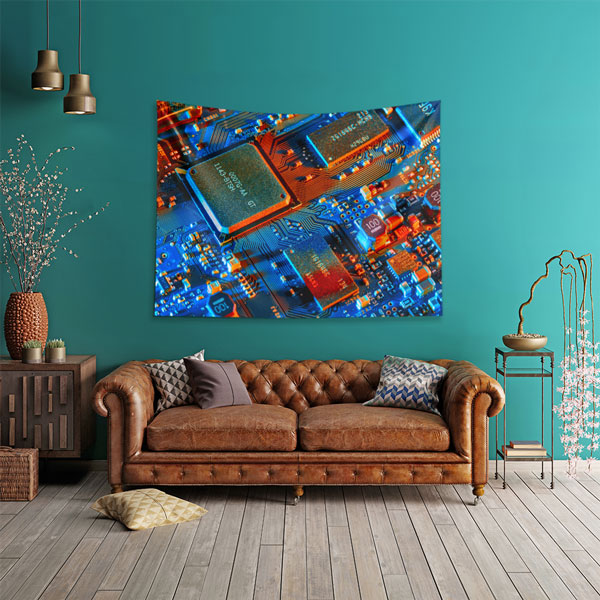 Mavi Turuncu Devre Kartı Tasarımlı Teknoloji Duvar Örtüsü 5409