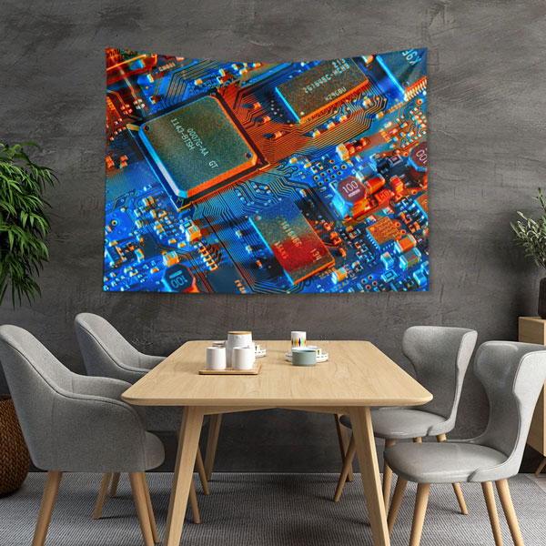 Mavi Turuncu Devre Kartı Tasarımlı Teknoloji Duvar Örtüsü 5409