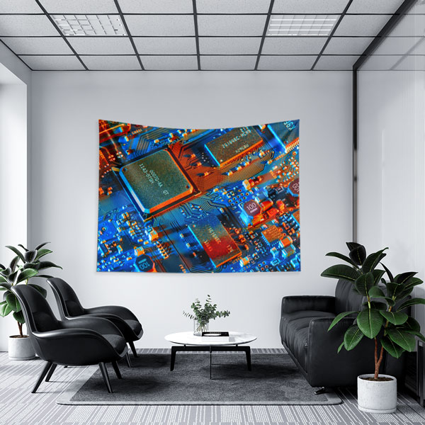 Mavi Turuncu Devre Kartı Tasarımlı Teknoloji Duvar Örtüsü 5409