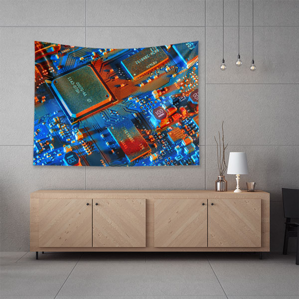 Mavi Turuncu Devre Kartı Tasarımlı Teknoloji Duvar Örtüsü 5409