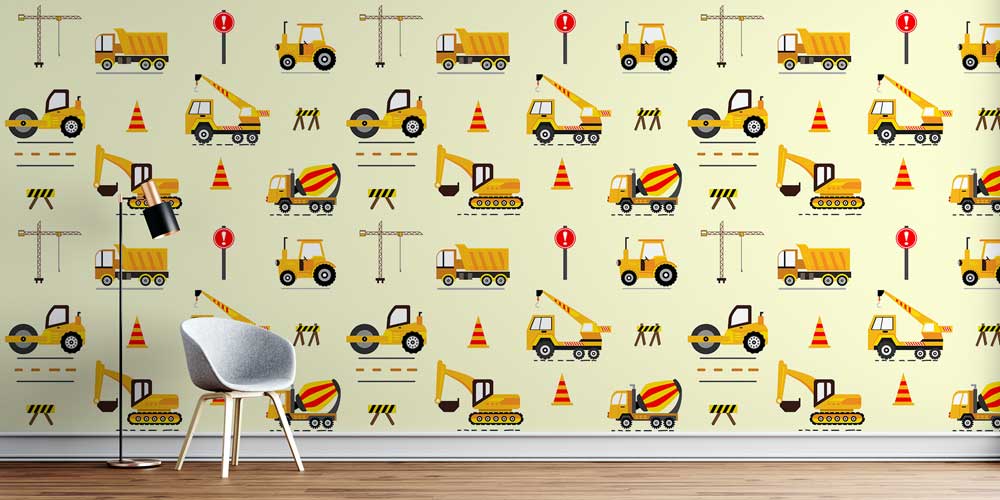 duvar-sanati-5569-0 İnşaat Araçları Çizimli Çocuk Odası Duvar Kağıdı 5569