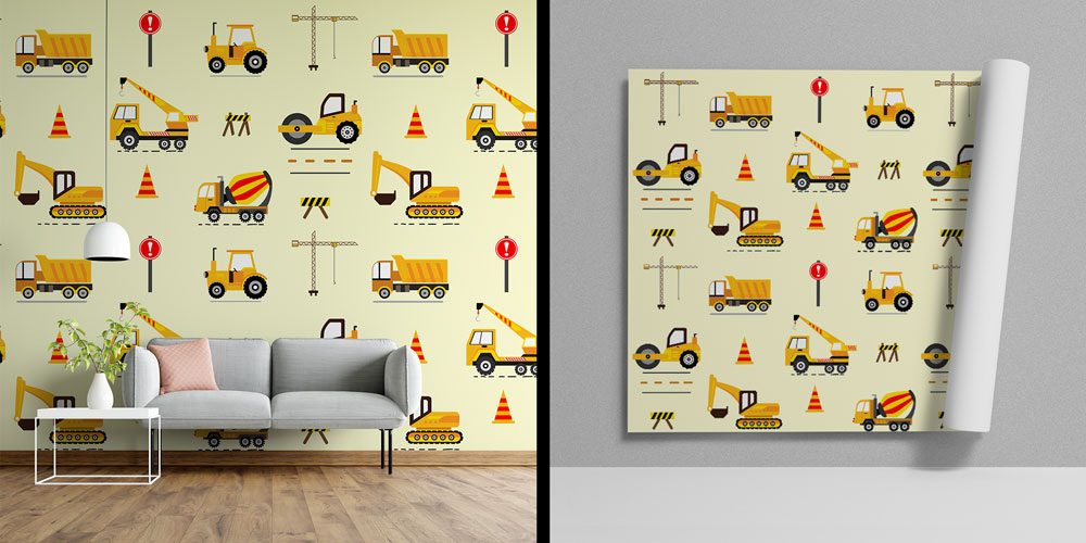 duvar-sanati-5569-00 İnşaat Araçları Çizimli Çocuk Odası Duvar Kağıdı 5569