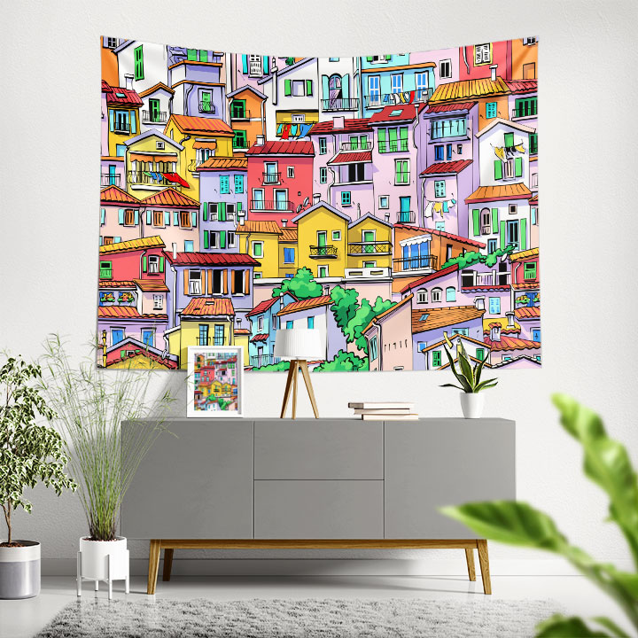 Renkli Evler ve Şehir Manzaralı Sanatsal Duvar Örtüsü Kumaş Baskı 5612