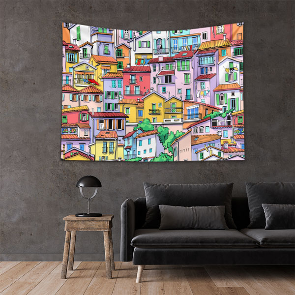 Renkli Evler ve Şehir Manzaralı Sanatsal Duvar Örtüsü Kumaş Baskı 5612