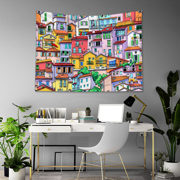 Renkli Evler ve Şehir Manzaralı Sanatsal Duvar Örtüsü Kumaş Baskı 5612