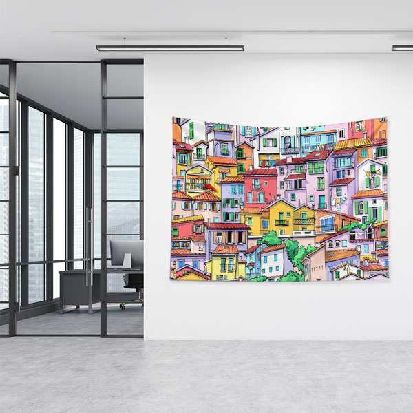 Renkli Evler ve Şehir Manzaralı Sanatsal Duvar Örtüsü Kumaş Baskı 5612