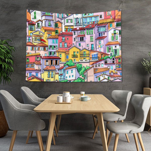 Renkli Evler ve Şehir Manzaralı Sanatsal Duvar Örtüsü Kumaş Baskı 5612
