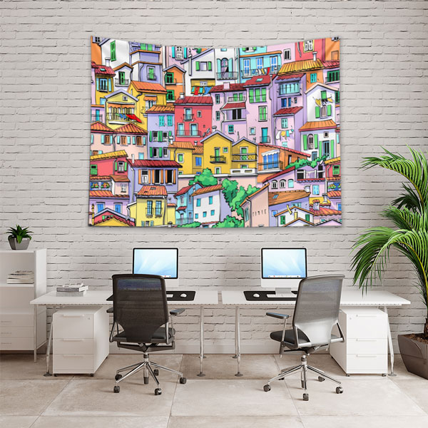 Renkli Evler ve Şehir Manzaralı Sanatsal Duvar Örtüsü Kumaş Baskı 5612