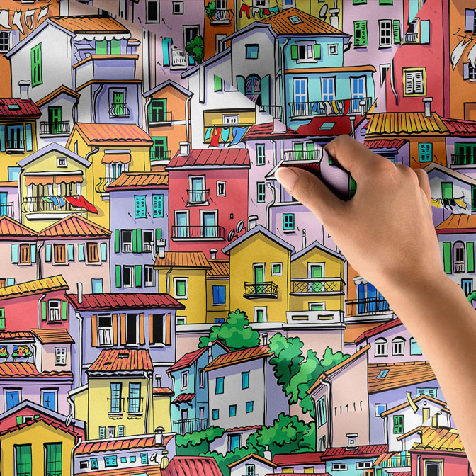 Renkli Evler ve Şehir Manzaralı Sanatsal Duvar Örtüsü Kumaş Baskı 5612