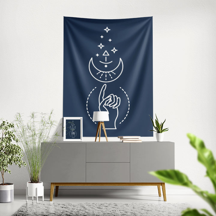 Minimal Ay ve El Figürlü Duvar Örtüsü – Modern Mistik Duvar Sanatı 6276