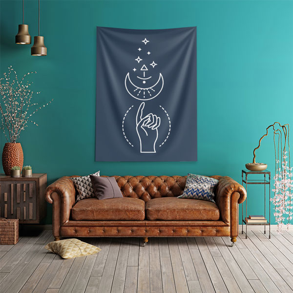 Minimal Ay ve El Figürlü Duvar Örtüsü – Modern Mistik Duvar Sanatı 6276