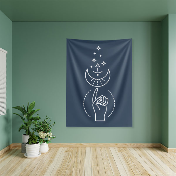 Minimal Ay ve El Figürlü Duvar Örtüsü – Modern Mistik Duvar Sanatı 6276