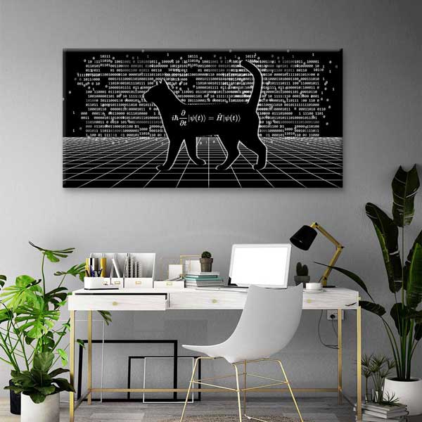 Bilim ve Kod Temalı Kedi Silüeti Dijital Sanat Kanvas Duvar Tablosu 4784