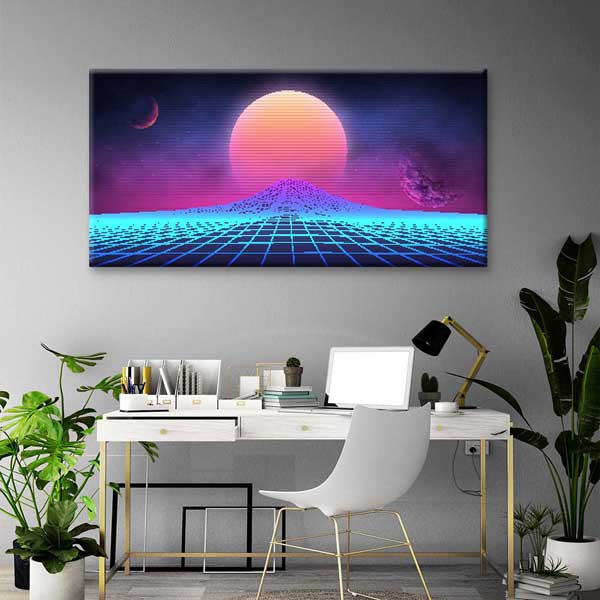 Synthwave Retro Fütüristik Manzara Neon Güneş Kanvas Duvar Tablosu 4787