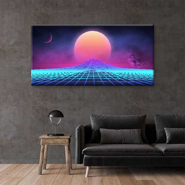 Synthwave Retro Fütüristik Manzara Neon Güneş Kanvas Duvar Tablosu 4787