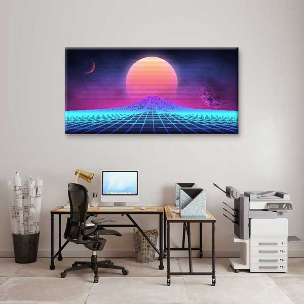 Synthwave Retro Fütüristik Manzara Neon Güneş Kanvas Duvar Tablosu 4787