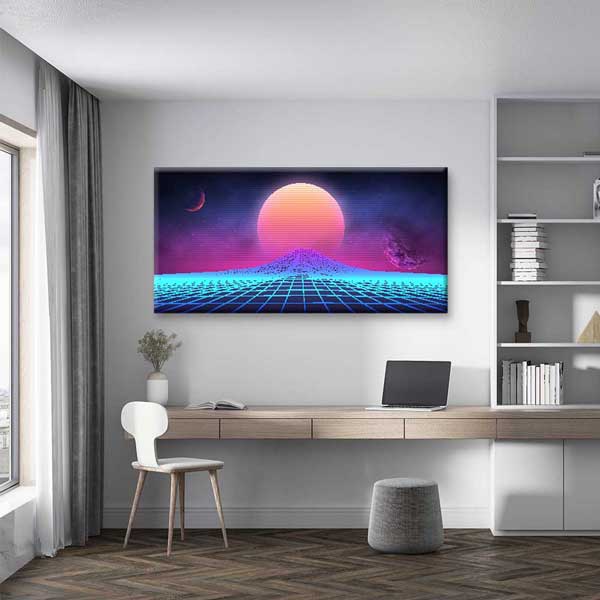 Synthwave Retro Fütüristik Manzara Neon Güneş Kanvas Duvar Tablosu 4787