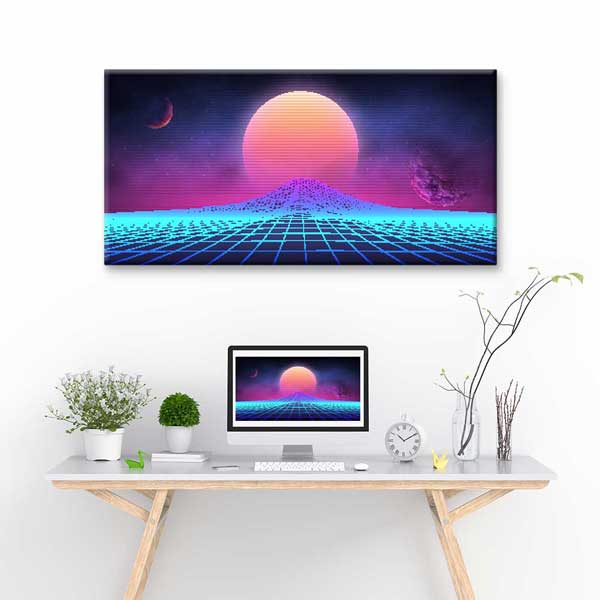 Synthwave Retro Fütüristik Manzara Neon Güneş Kanvas Duvar Tablosu 4787