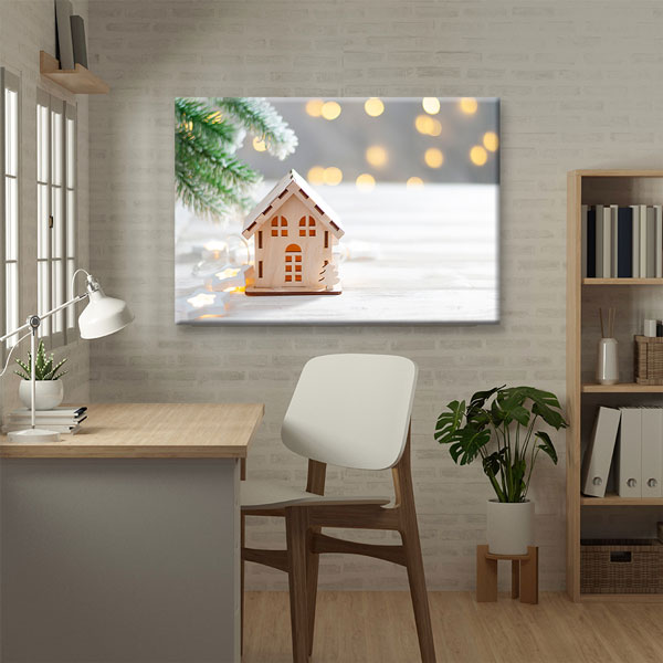 Ahşap Ev Maketi ve Işıklandırmalı Kanvas Tablo – 5524