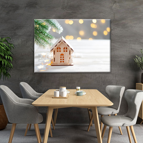 Ahşap Ev Maketi ve Işıklandırmalı Kanvas Tablo – 5524