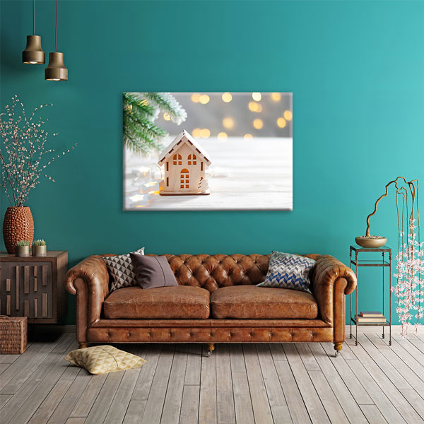 Ahşap Ev Maketi ve Işıklandırmalı Kanvas Tablo – 5524
