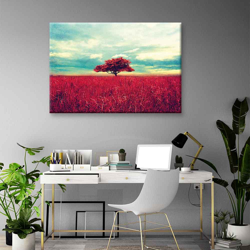 Kızıl Tarlada Yalnız Ağaç Manzarası Kanvas Tablo 4395