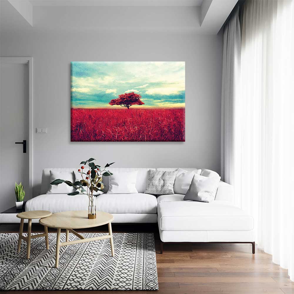 Kızıl Tarlada Yalnız Ağaç Manzarası Kanvas Tablo 4395
