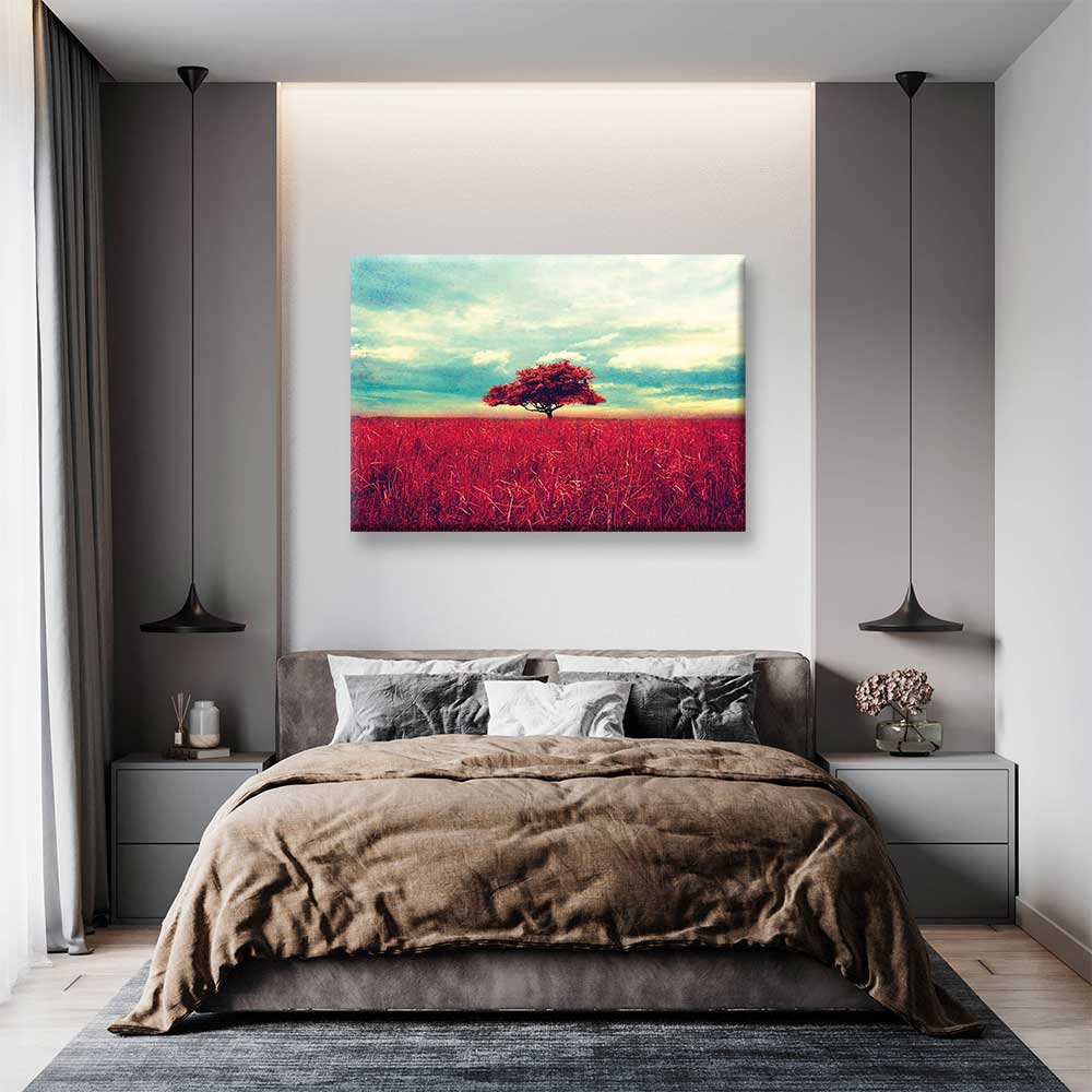 Kızıl Tarlada Yalnız Ağaç Manzarası Kanvas Tablo 4395