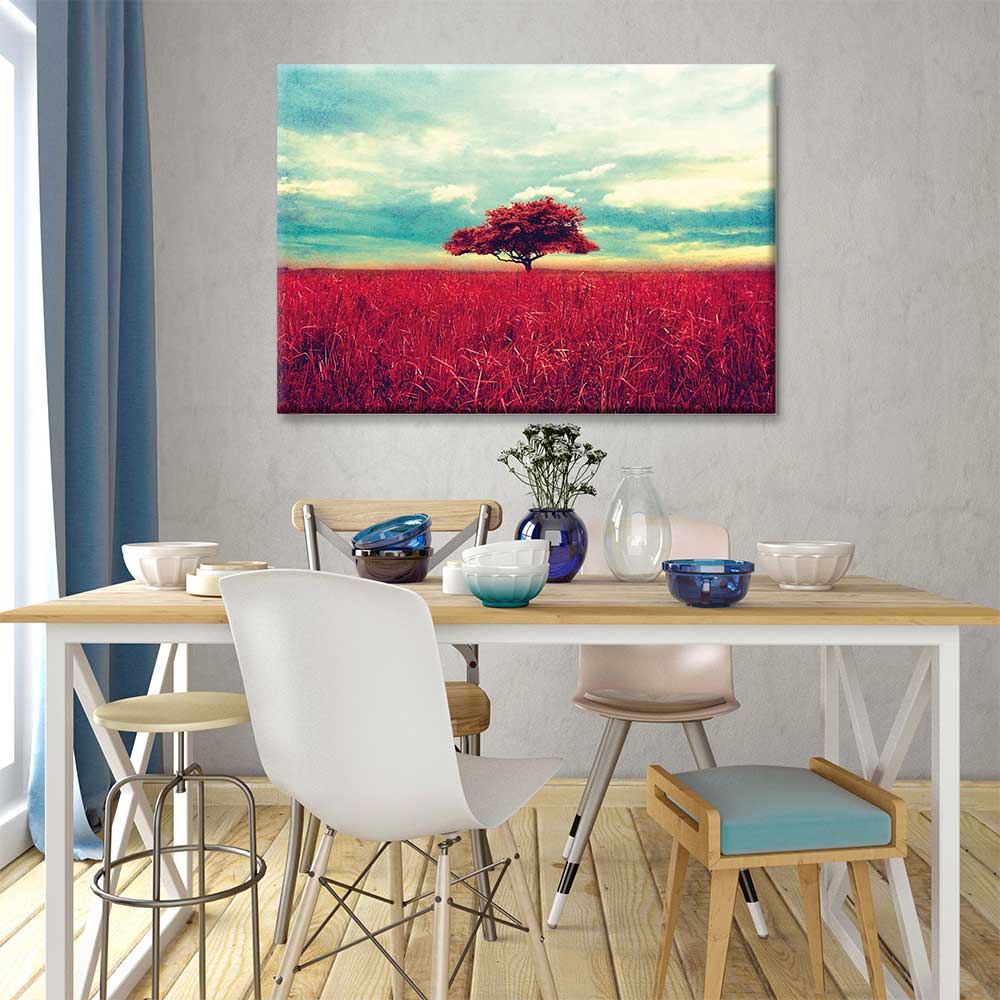 Kızıl Tarlada Yalnız Ağaç Manzarası Kanvas Tablo 4395