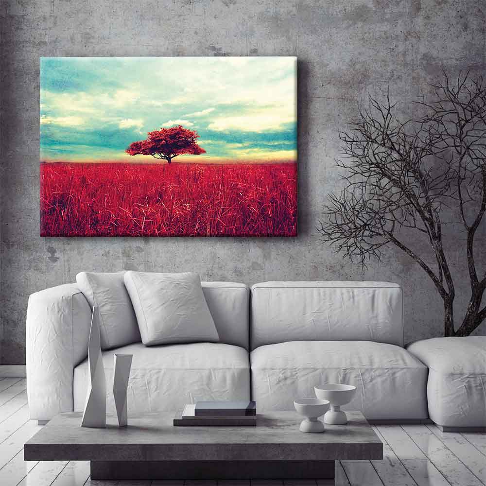 Kızıl Tarlada Yalnız Ağaç Manzarası Kanvas Tablo 4395