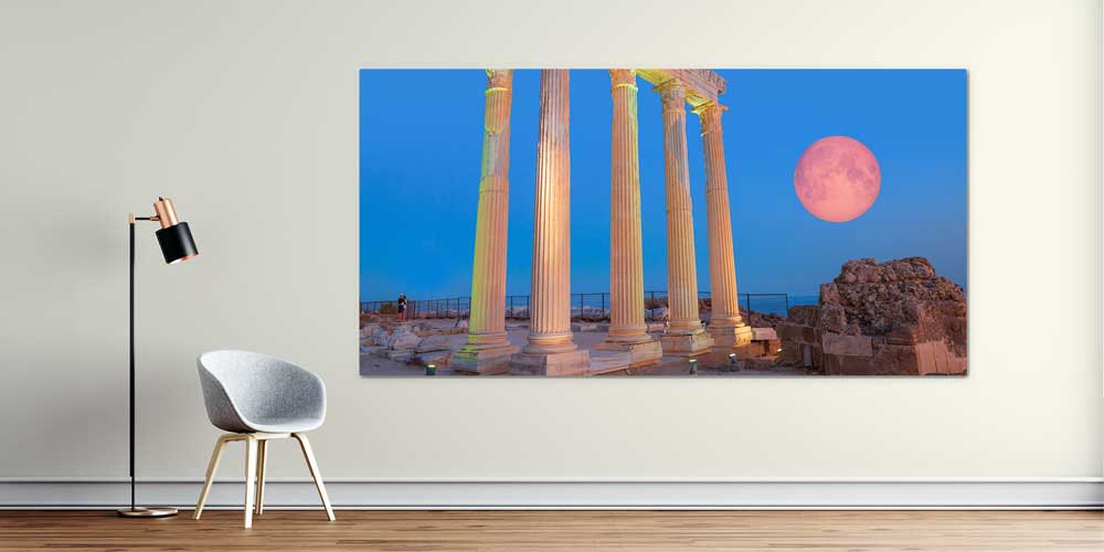 Gece Işıklı Antik Sütunlar ve Dolunay Manzaralı Büyük Ebat Duvar Dekor Ürünü 11885