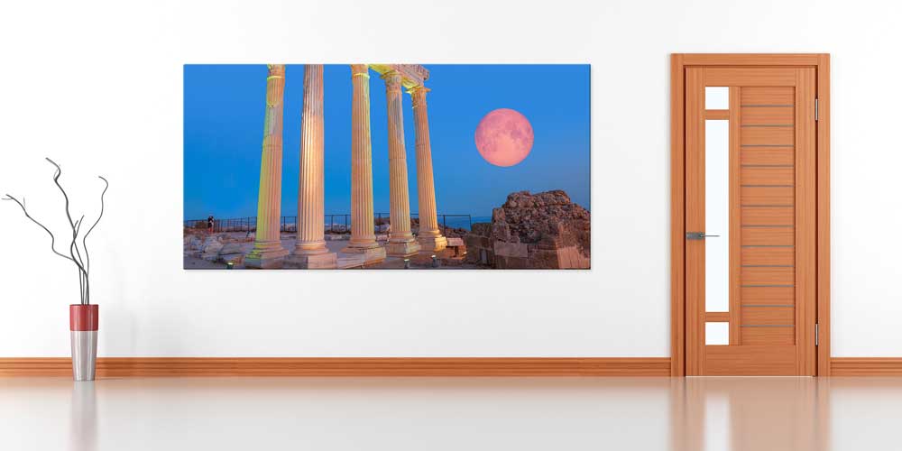 Gece Işıklı Antik Sütunlar ve Dolunay Manzaralı Büyük Ebat Duvar Dekor Ürünü 11885