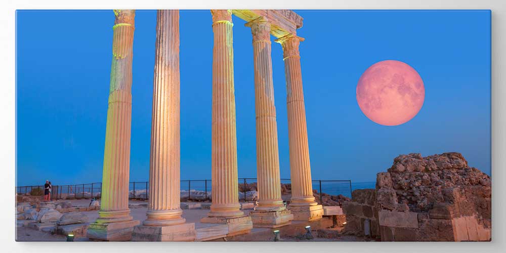 Gece Işıklı Antik Sütunlar ve Dolunay Manzaralı Büyük Ebat Duvar Dekor Ürünü 11885