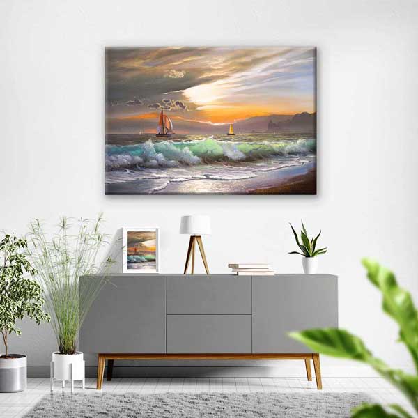 Gün Batımında Yelkenliler Deniz Manzarası Kanvas Tablo 2135
