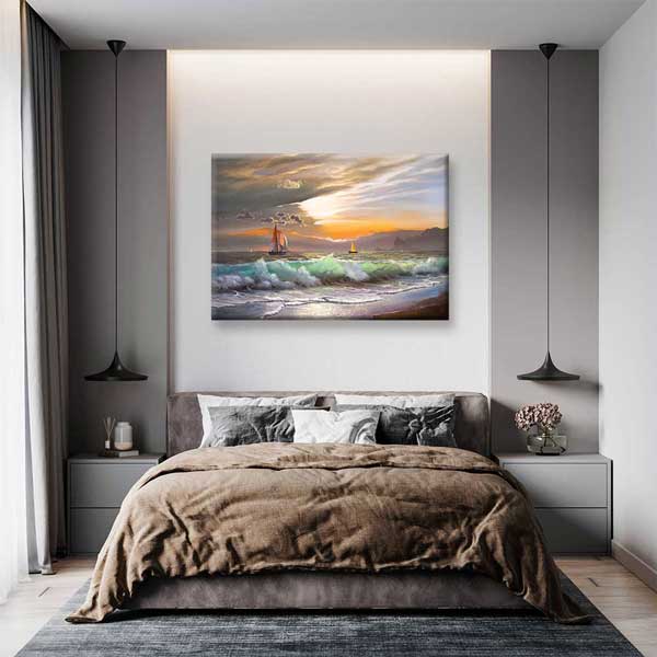 Gün Batımında Yelkenliler Deniz Manzarası Kanvas Tablo 2135