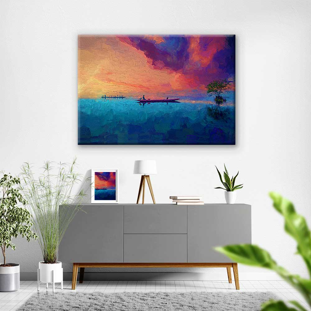 Gün Batımında Kayık ve Göl Manzarası Kanvas Tablo 4374