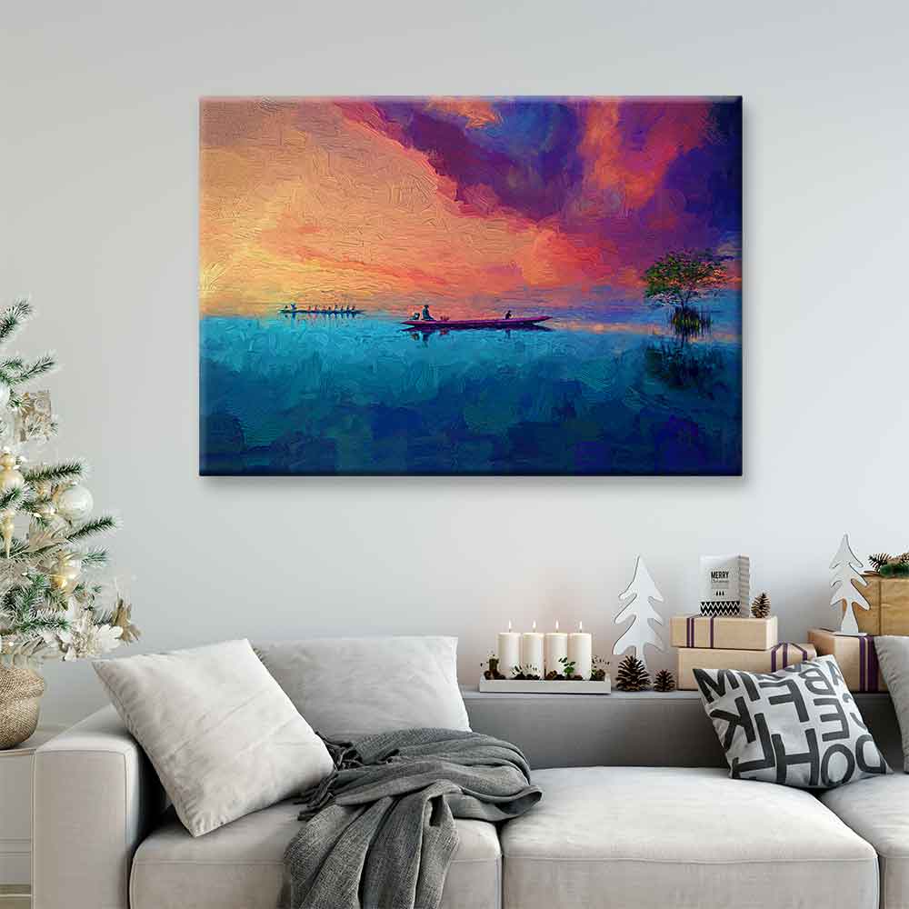 Gün Batımında Kayık ve Göl Manzarası Kanvas Tablo 4374