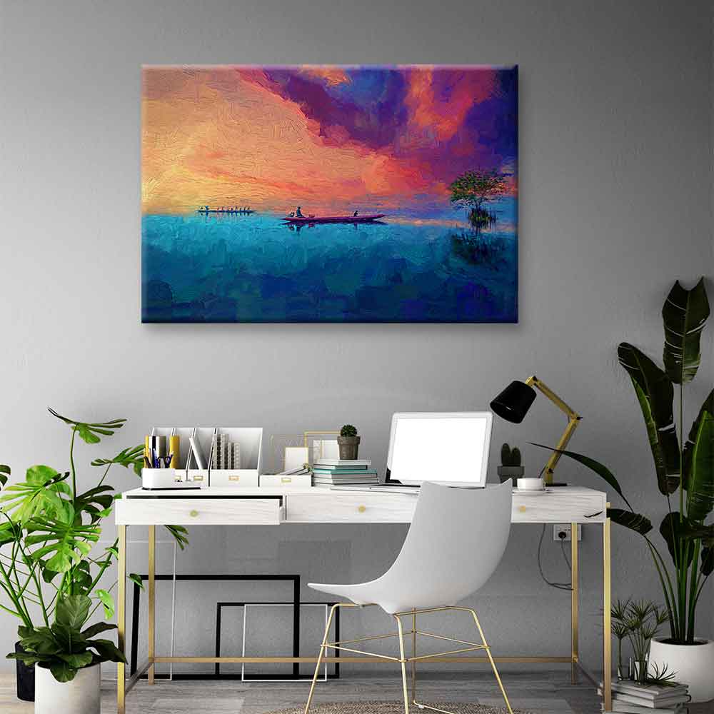 Gün Batımında Kayık ve Göl Manzarası Kanvas Tablo 4374